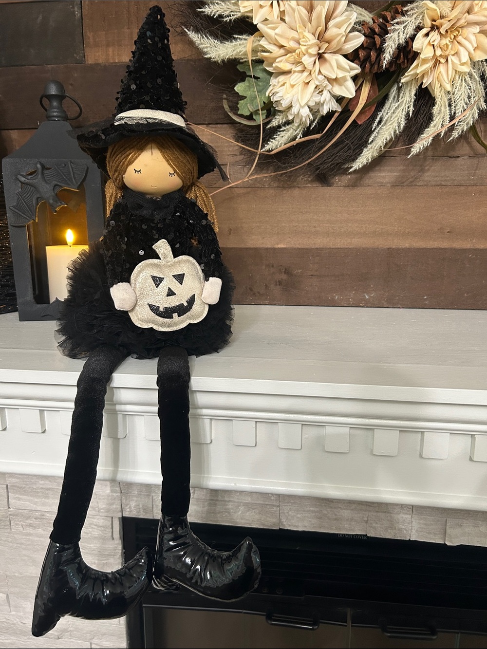 Black Halloween Witch Doll Decor with Cream Pumpkin Accent